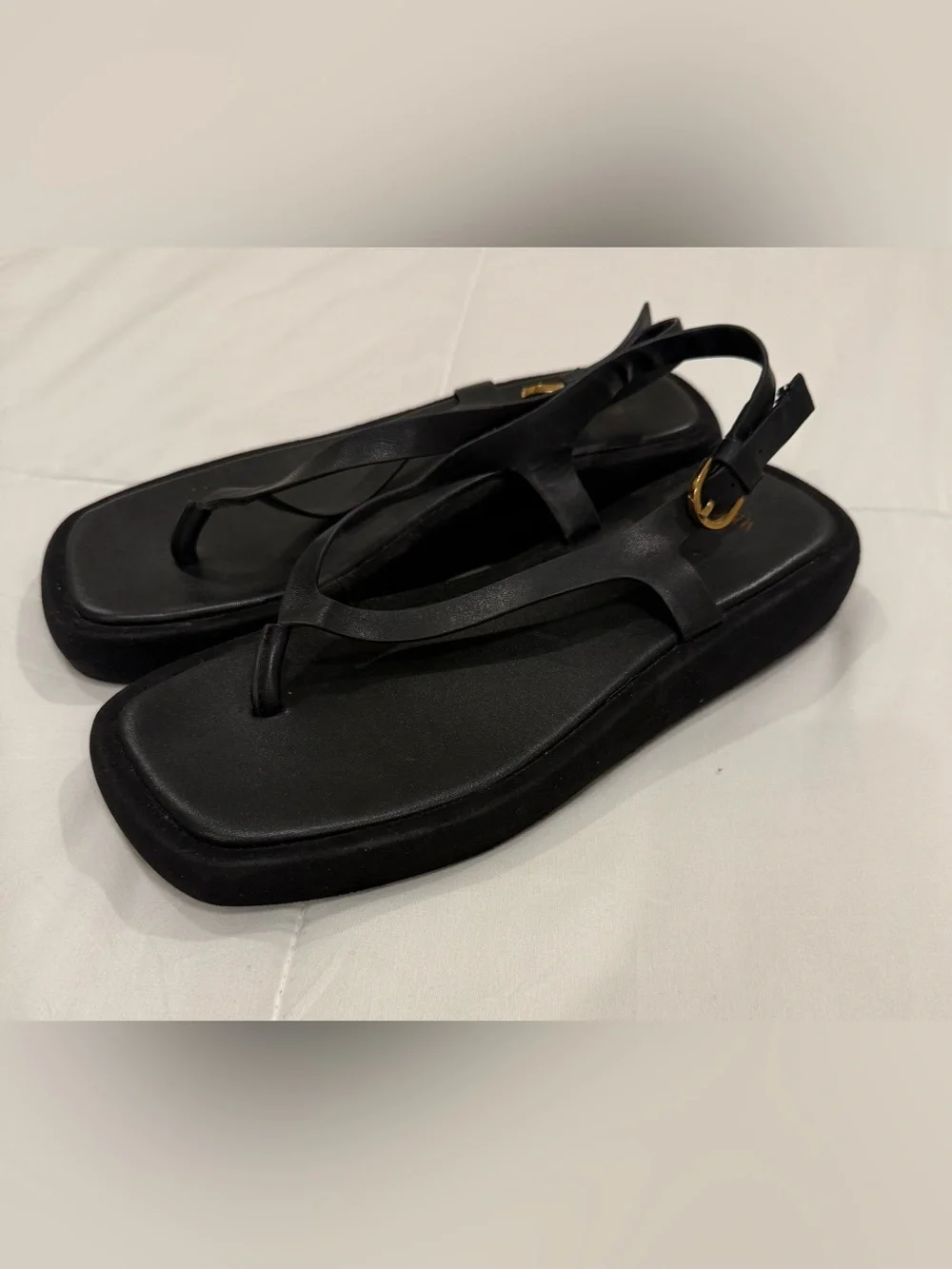 1ZARA Black Leather Flatform Thong Sandals Square Toe Slingback 38 / US 7.5